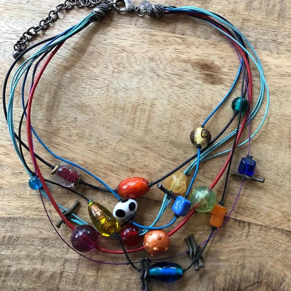 Multicolored beads and multicolored cords on this fun necklace, 17” long - Picture 5 of 9